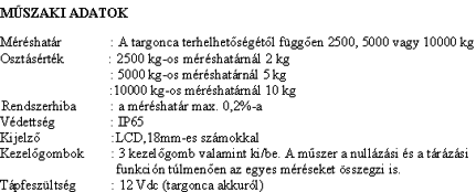  RCS PLUS t�pus� hidraulikus targoncam�rleg M�SZAKI ADATOK